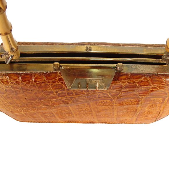 VINTAGE ALLIGATOR 40's 50's Bamboo Handle Kisslock Hardframe Mini Bag - Picture 6 of 12